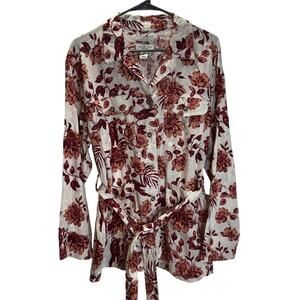 NWOT Rachel Zoe Sz L Linen Floral Print Button Down Blouse Tunic Belted Pockets